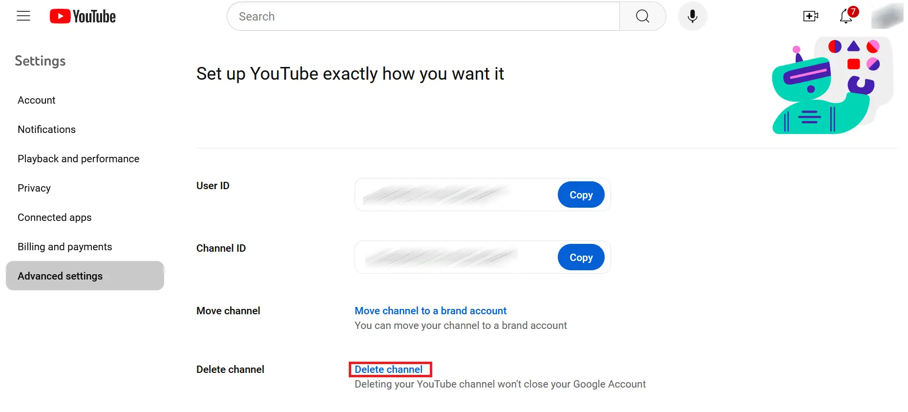 Immagine: Opzione per eliminare il canale nelle impostazioni avanzate di YouTube