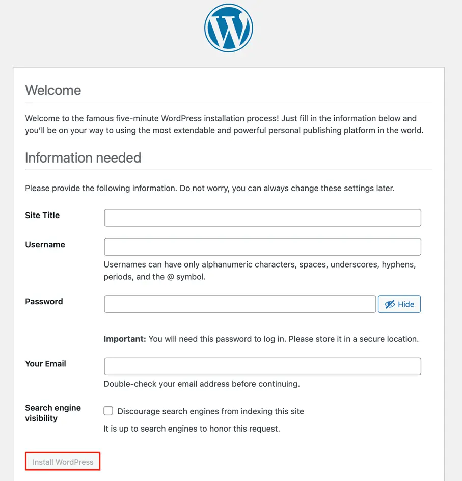 Screenshot dell’installazione di WordPress: informazioni sulla pagina di WordPress Immagine: Screenshot dell’installazione di WordPress: informazioni sulla pagina di WordPress