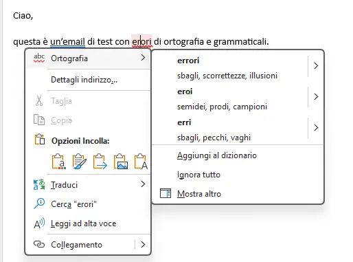 Visualizzazione dell’ortografia corretta con clic sul tasto destro del mouse Immagine: Visualizzazione dell’ortografia corretta con clic sul tasto destro del mouse