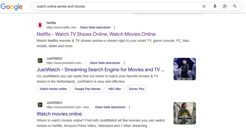 Ricerca Google: “Watch online series and movies” (guardare film e serie online) Immagine: Ricerca Google: “Watch online series and movies” (guardare film e serie online)