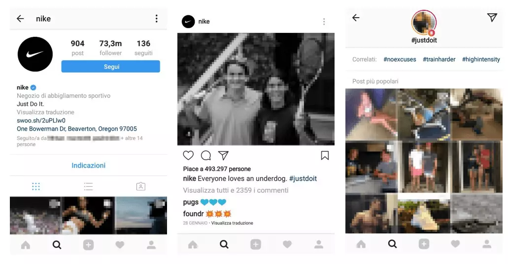 Profilo aziendale Instagram di Nike con lo slogan “Just do it” nella biografia breve