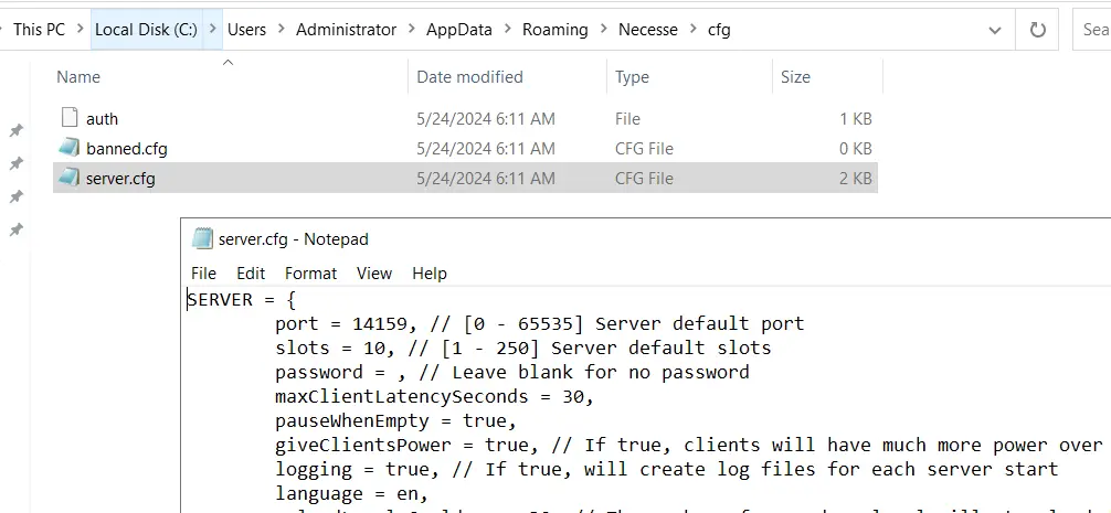 Server Necesse: file di configurazione aperto Immagine: Server Necesse: file di configurazione aperto