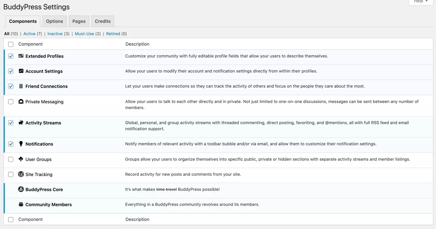 Impostazioni di BuddyPress nella back end di WordPress