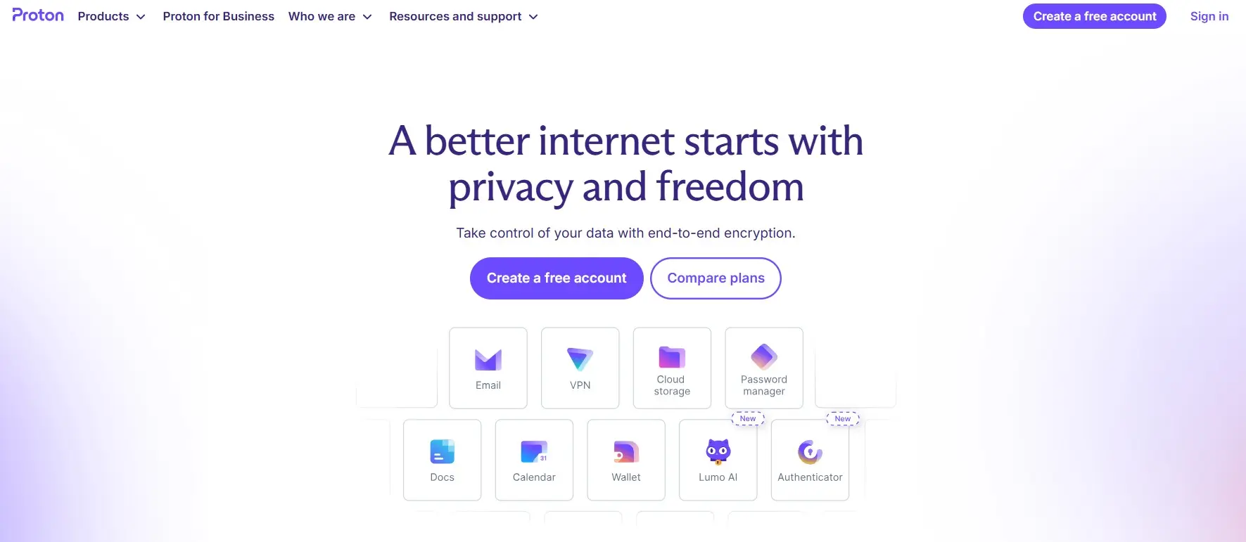 Sito web di Proton con strumenti crittografati per E-mail, VPN e cloud storage Immagine: Sito web di Proton con strumenti crittografati per E-mail, VPN e cloud storage