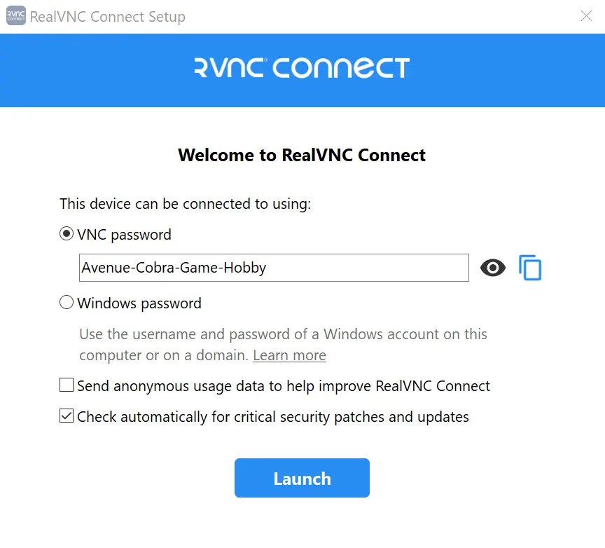 Immagine: Configurazione del server RealVNC