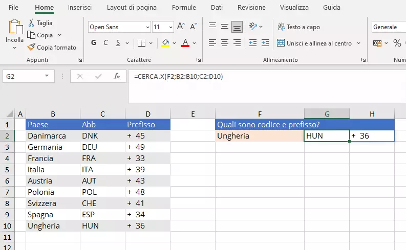 Immagine: Excel: esempio di CERCA.X per la restituzione di due valori in un’unica ricerca