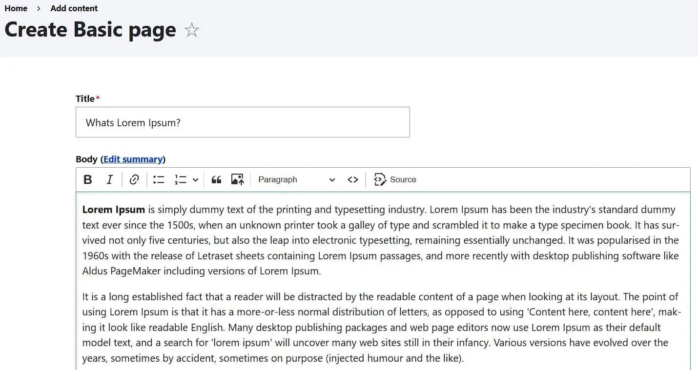 Menu “Create Basic Page” (crea pagina di base) su Drupal Immagine: Menu “Create Basic Page” (crea pagina di base) su Drupal