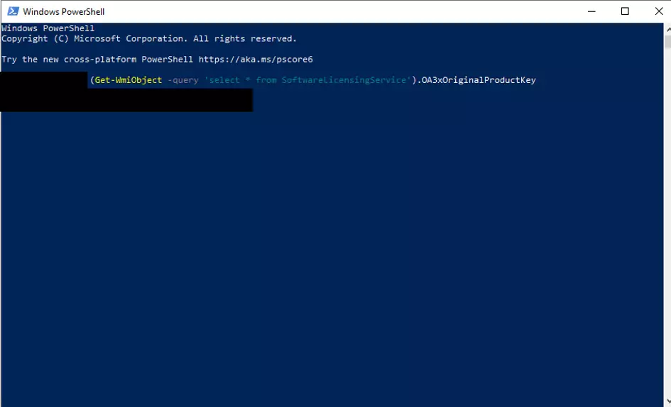 Visualizzazione della chiave di Windows nel PowerShell di Windows (Windows 10)