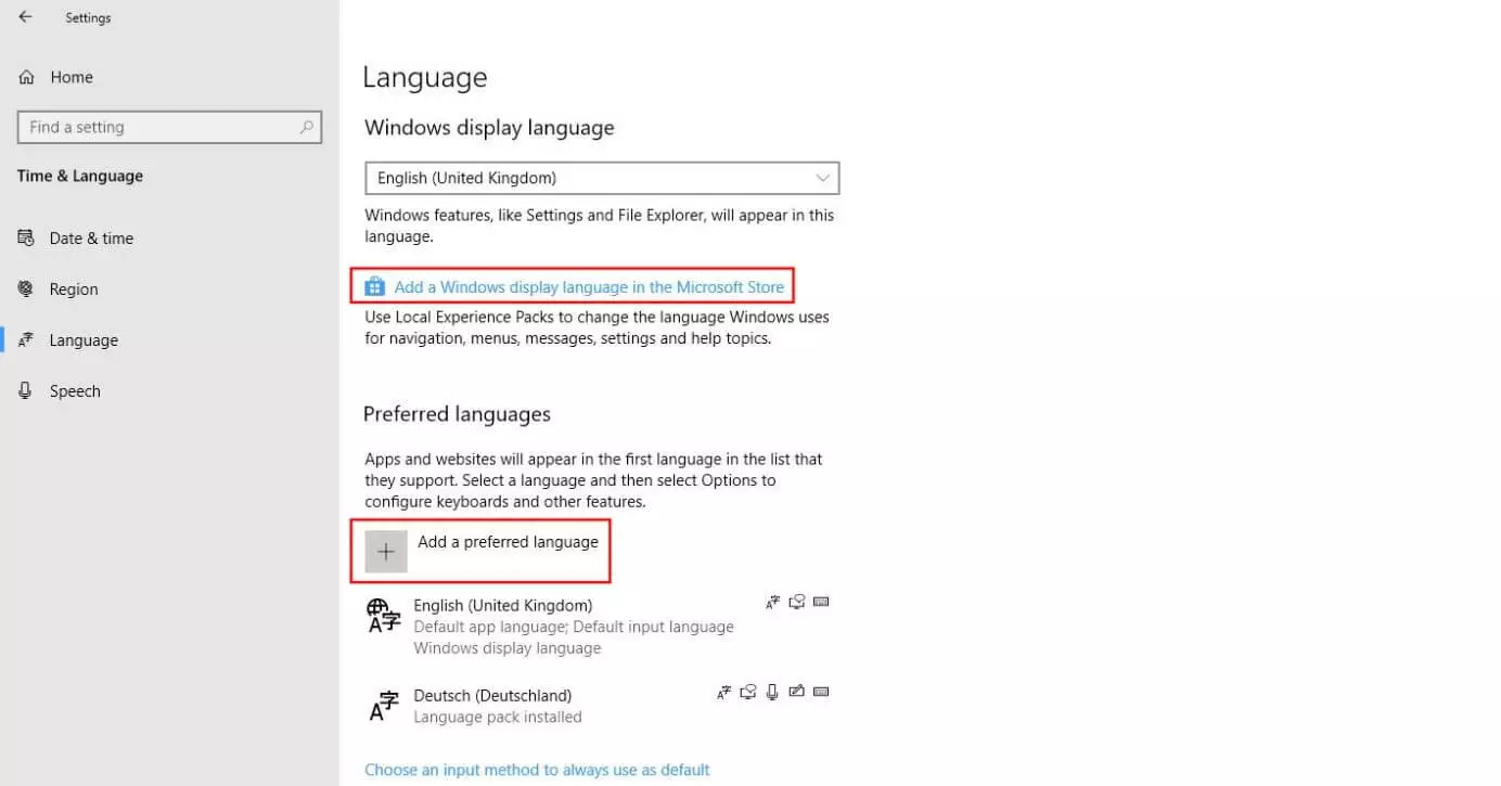 Windows 10: menu "Lingua"