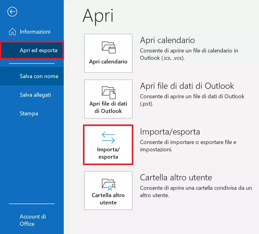 Avviare la procedura guidata di Outlook per l’importazione di dati con “Importa/esporta” Avviare la procedura guidata di Outlook per l’importazione di dati con “Importa/esporta”