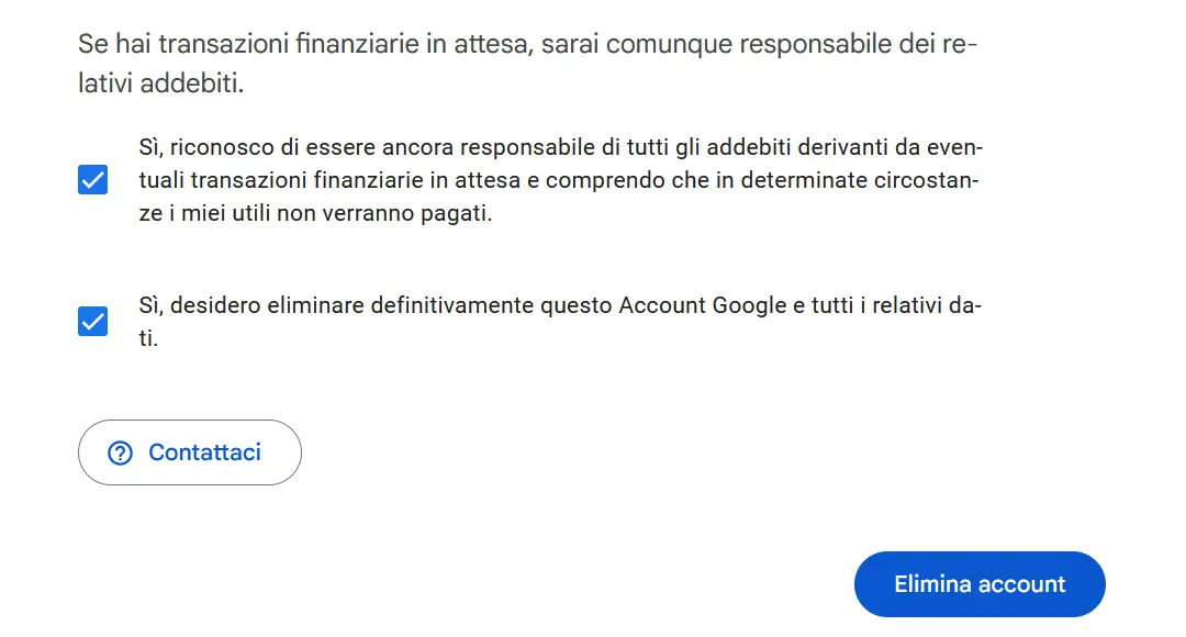 Immagine: Cancellazione dell’account Google: modulo di conferma
