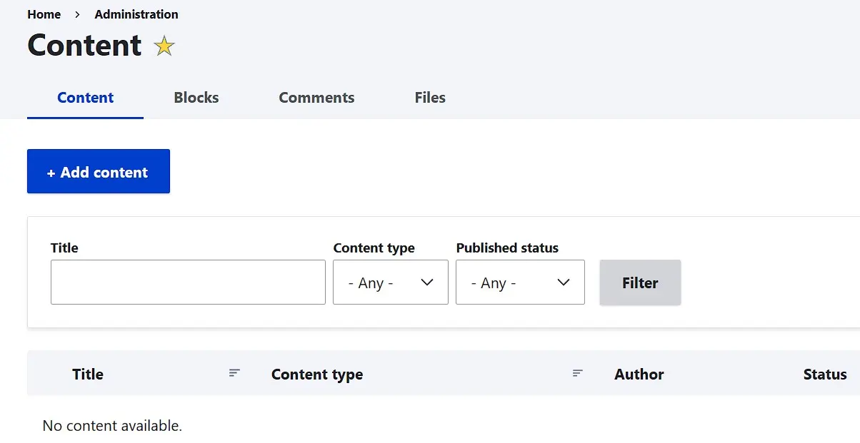 Menu “Contenuto” di Drupal, che consente di creare una nuova pagina Immagine: Menu “Contenuto” di Drupal, che consente di creare una nuova pagina