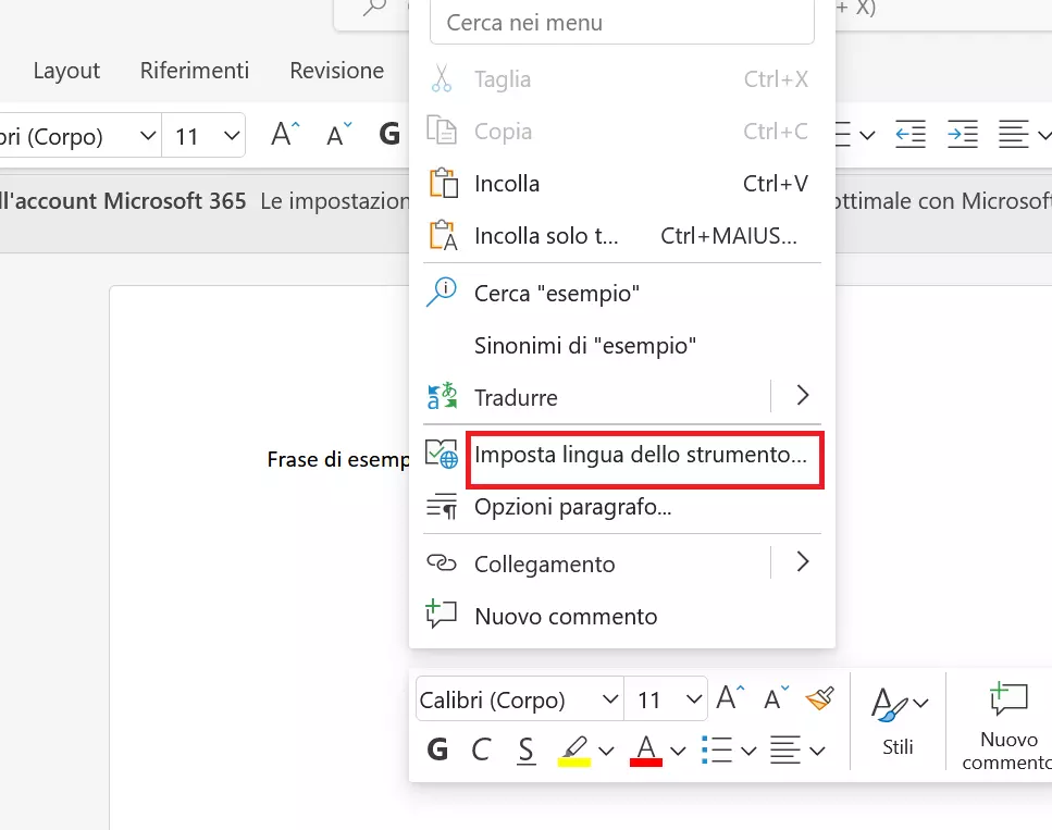 Funzione di selezione “Imposta lingua dello strumento” in Word Online Funzione di selezione “Imposta lingua dello strumento” in Word Online