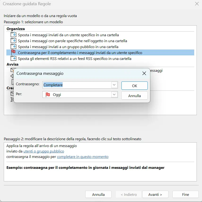 Creazione guidata Regole di Outlook: contrassegnare un messaggio come completato Immagine: Creazione guidata Regole di Outlook: contrassegnare un messaggio come completato