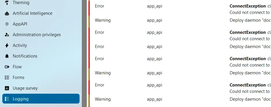 Menu di Nextcloud “Logging” Immagine: Menu di Nextcloud “Logging”