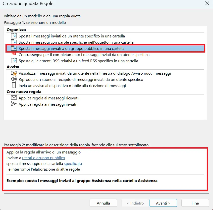 Creazione guidata Regole di Outlook: selezione del modello per la regola Immagine: Creazione guidata Regole di Outlook: selezione del modello per la regola