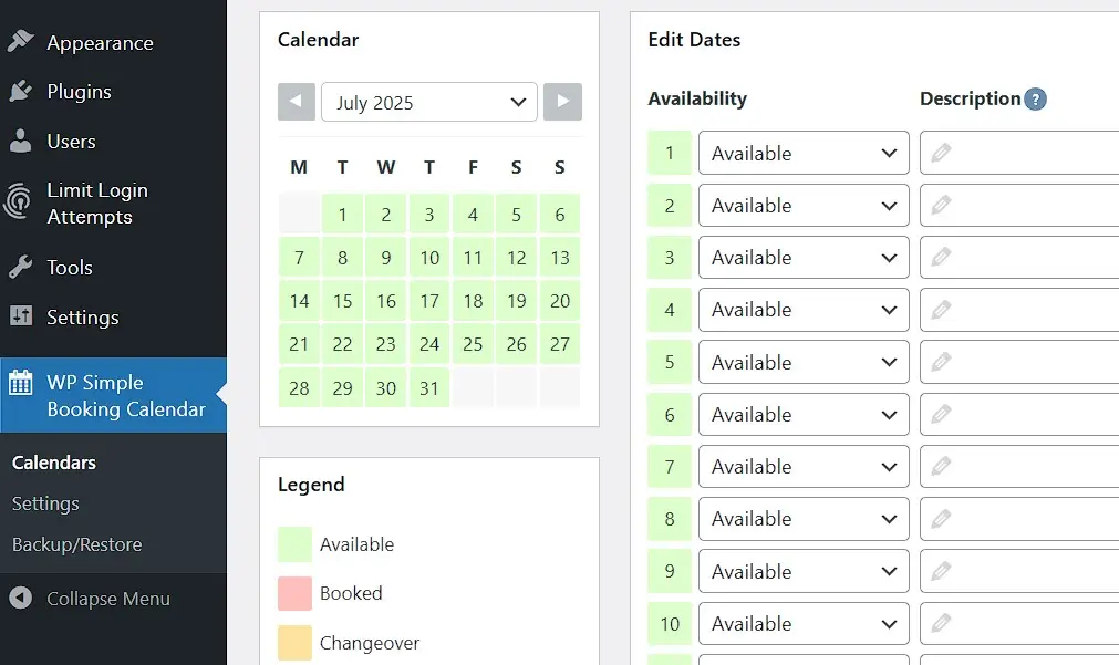Immagine: Plugin del calendario WordPress WP Simple Booking Calendar nel back end di WordPress