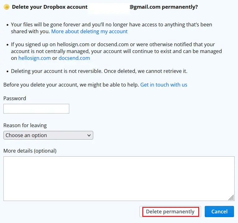 Finestra di dialogo: eliminare definitivamente l’account Dropbox Immagine: Finestra di dialogo: eliminare definitivamente l’account Dropbox