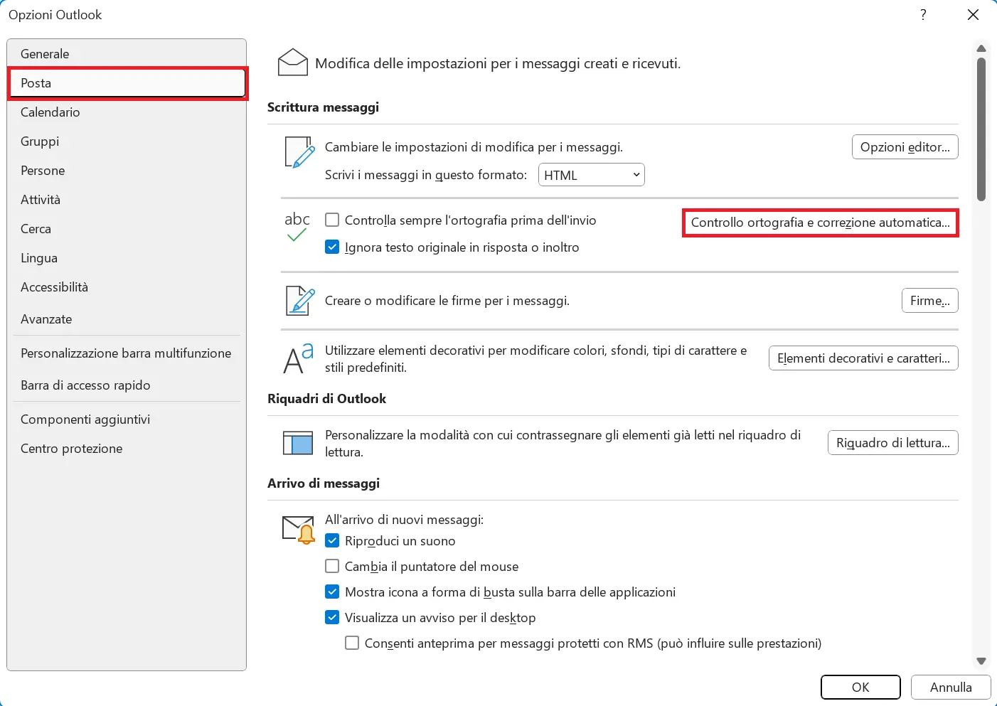 Sezione Posta nelle opzioni di Outlook Immagine: Sezione Posta nelle opzioni di Outlook