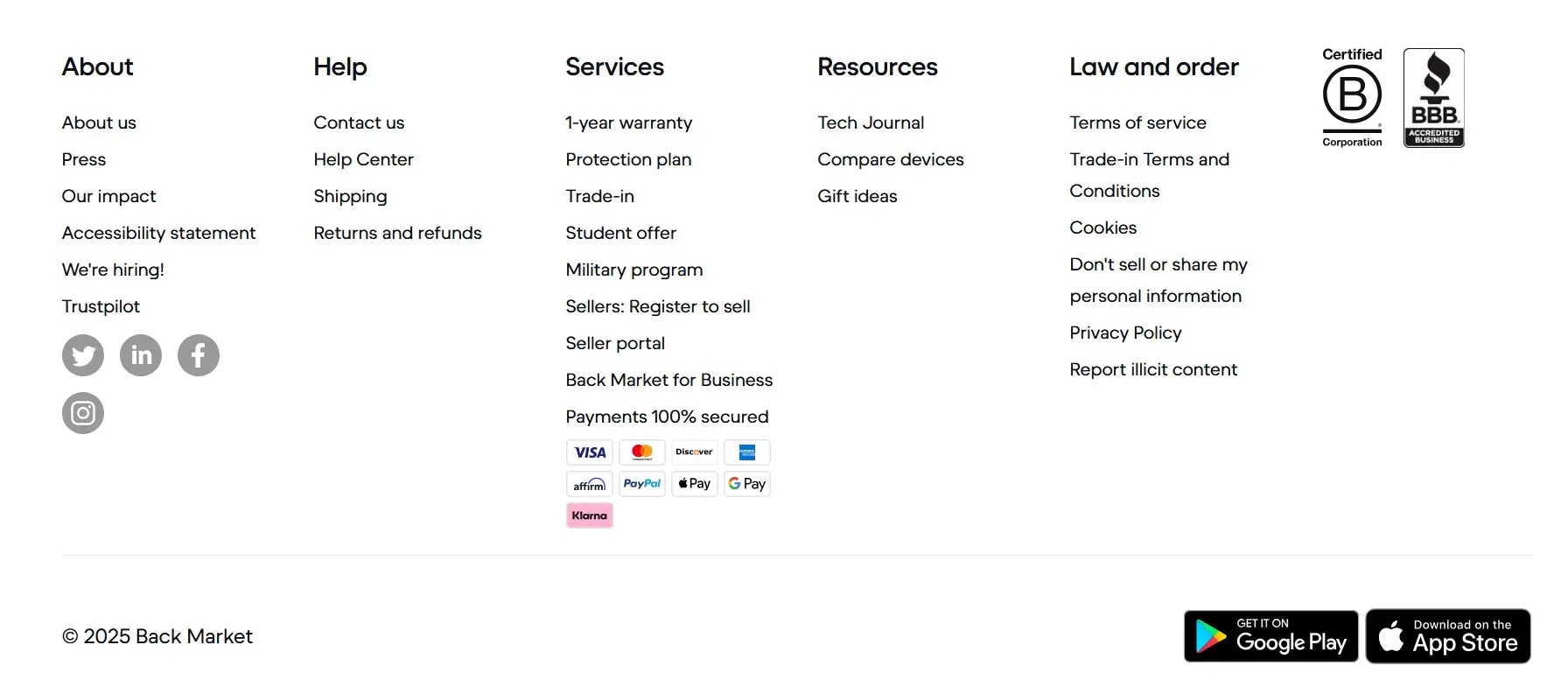 Schermata del footer di Back Market Immagine: Schermata del footer di Back Market