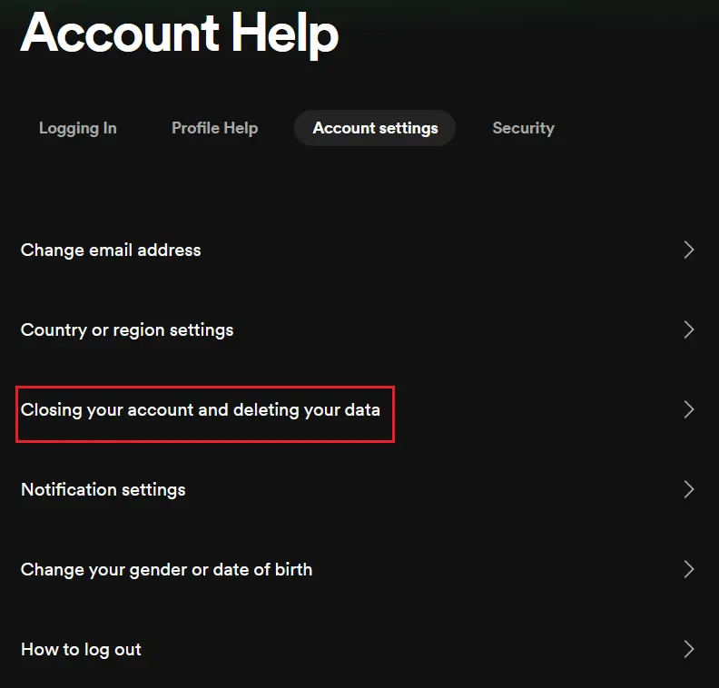 Eliminare l’account Spotify: scheda “Impostazioni account” Immagine: Eliminare l’account Spotify: scheda “Impostazioni account”