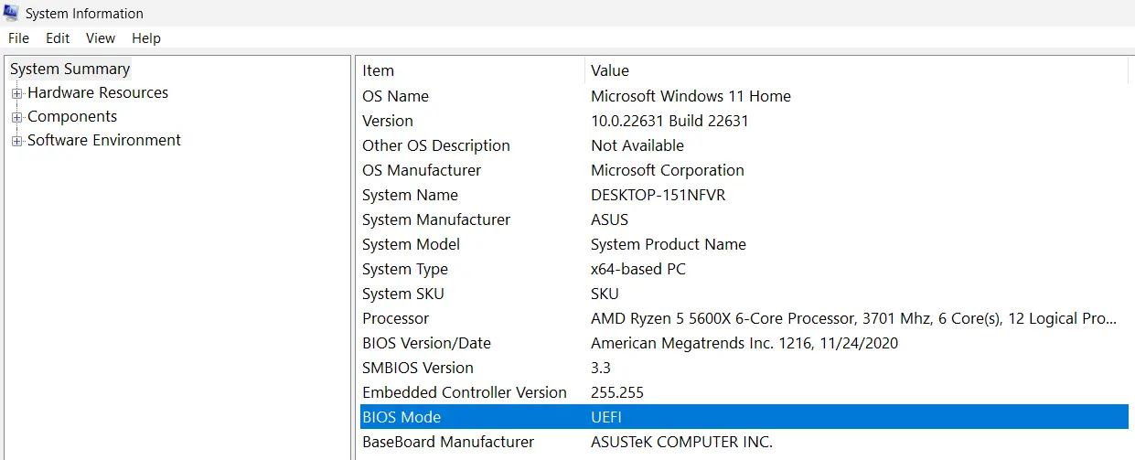 Immagine: La modalità BIOS nelle informazioni del sistema di Windows 11