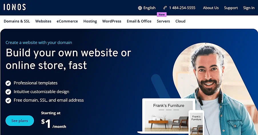 Screenshot della pagina di MyWebsite Now di IONOS in inglese Immagine: Screenshot della pagina di MyWebsite Now di IONOS in inglese