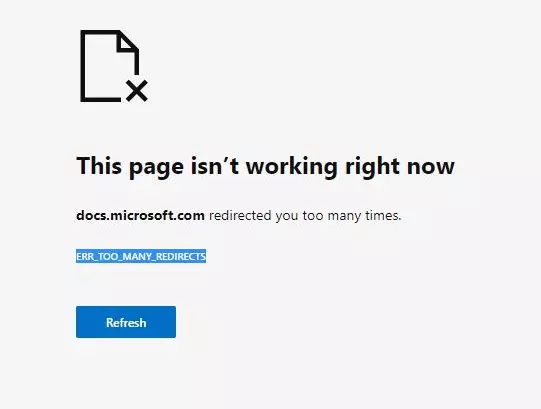 Immagine: Screenshot del messaggio di errore ERR_TOO_MANY_REDIRECTS di Edge