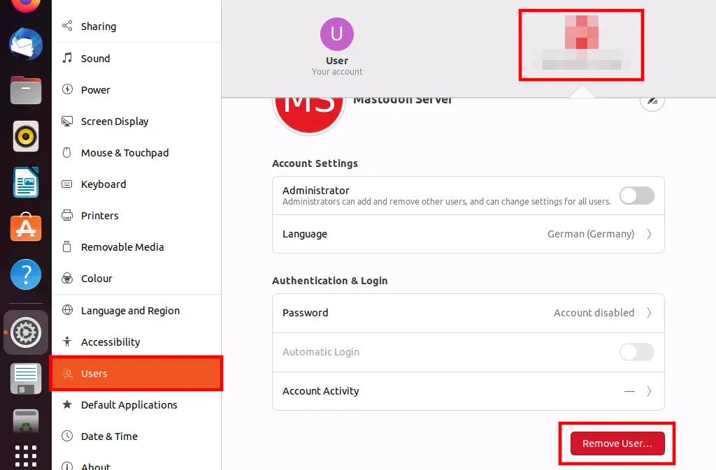 Immagine: Eliminare un account utente nell’interfaccia Ubuntu