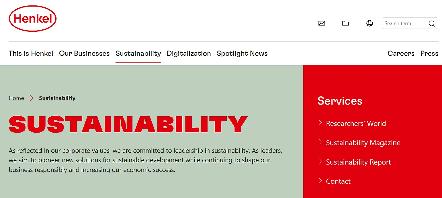 Immagine: Screenshot del sito di Henkel: sezione “Sostenibilità”