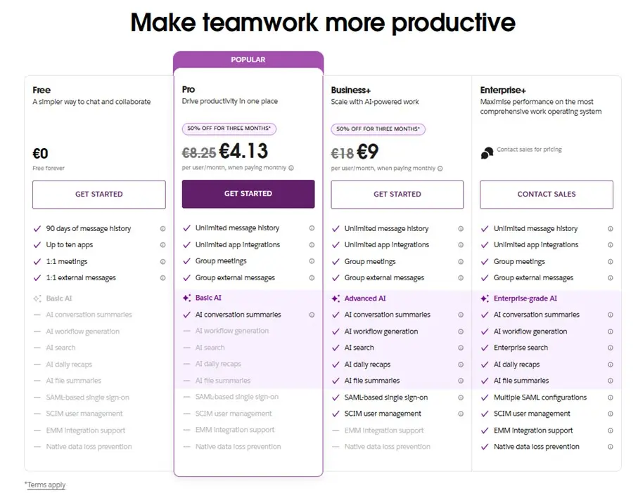 Schermata delle tariffe di Slack Immagine: Schermata delle tariffe di Slack