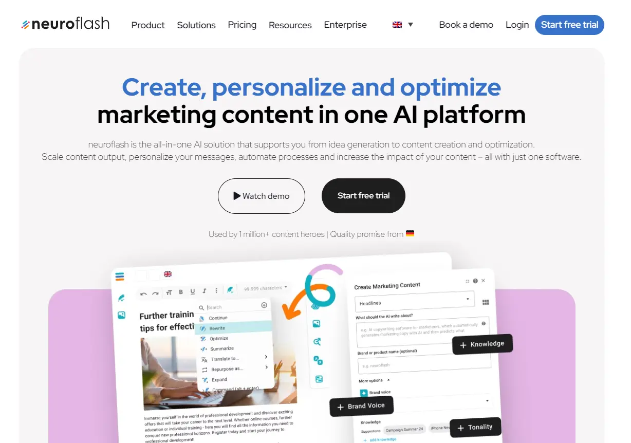 Immagine: Screenshot del sito web di Neuroflash