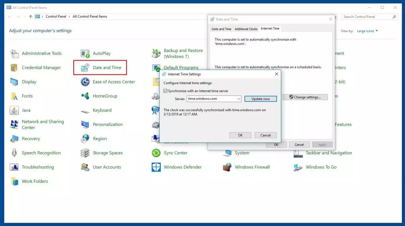 Immagine: : Pannello di controllo di Windows e menu “Data e ora”