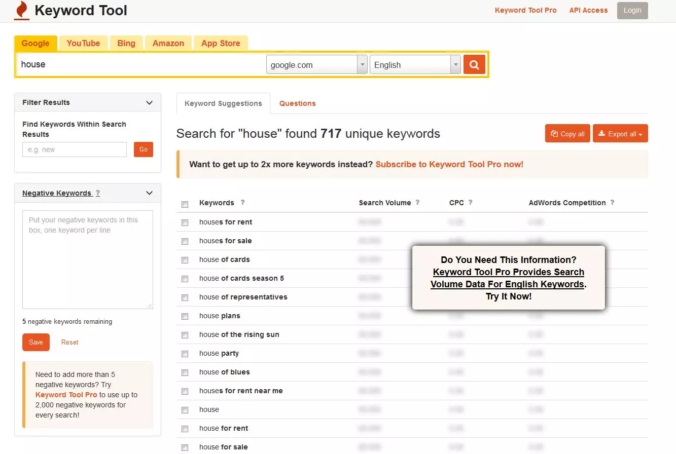 Immagine: KeywordTool.io: Risultato della ricerca di Google per il termine inglese “house”