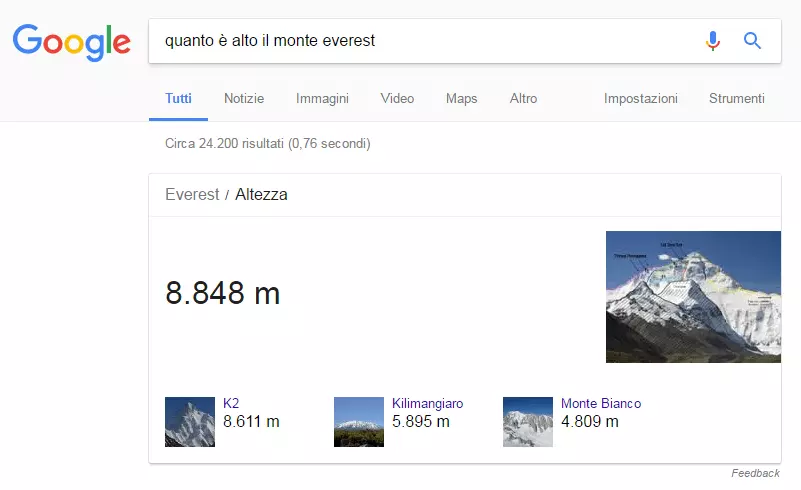 Screenshot della funzione Quick Answer di Google in italiano