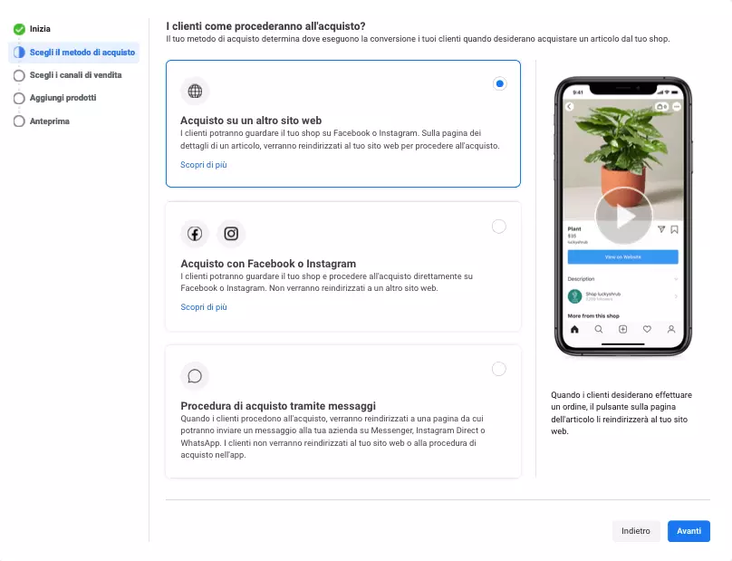 Gestore delle vendite di Facebook: scelta della modalità d’acquisto