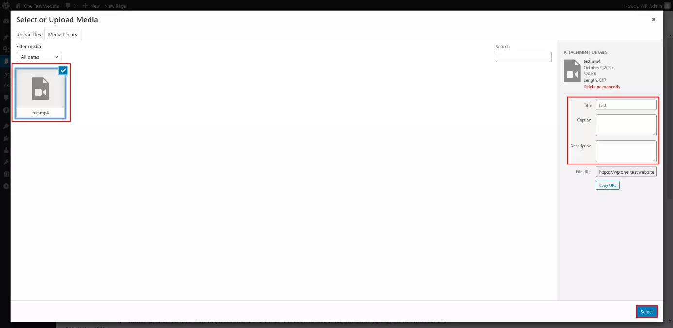 Finestra di dialogo di WordPress “Seleziona o carica file”