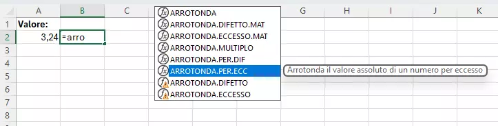 Inserimento della funzione ARROTONDA.PER.ECC su Excel Inserimento della funzione ARROTONDA.PER.ECC su Excel