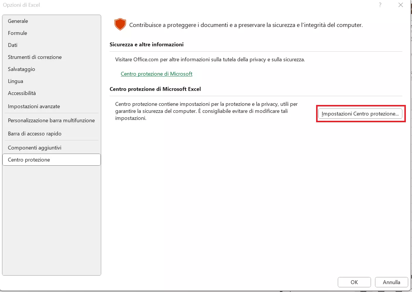 Finestra di dialogo “Opzioni di Excel” su Excel Finestra di dialogo “Opzioni di Excel” su Excel