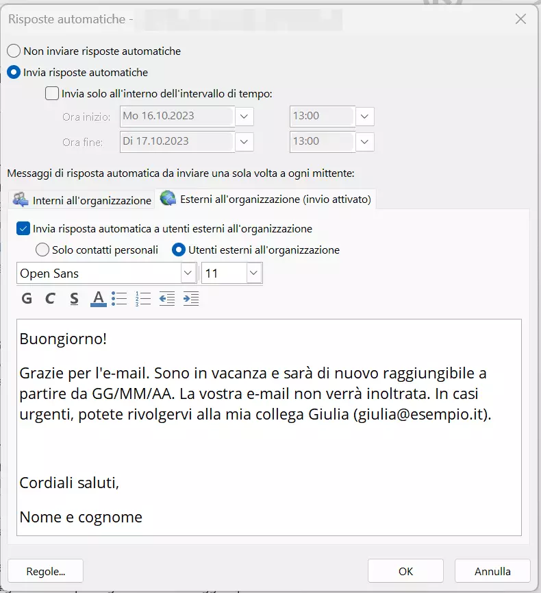 Finestra per l’inserimento della notifica di assenza in un determinato intervallo di tempo Finestra per l’inserimento della notifica di assenza in un determinato intervallo di tempo