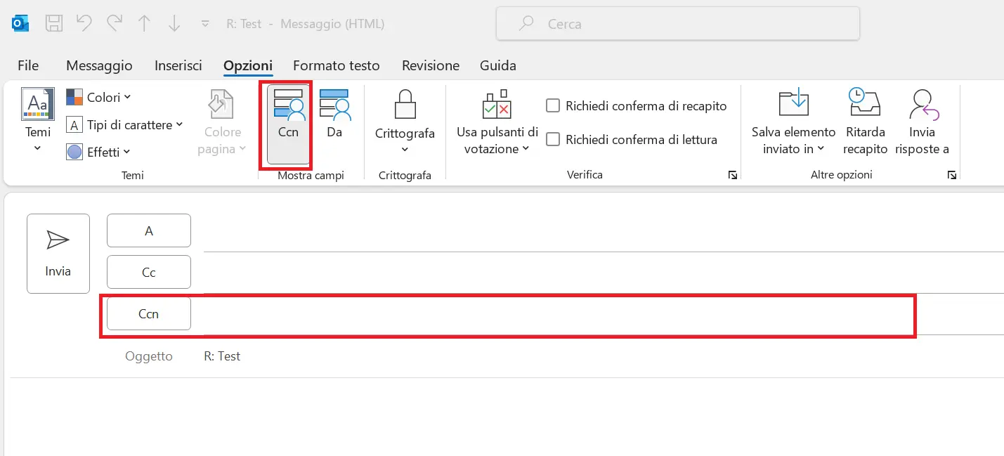 Outlook: Il tasto “Ccn” nella scheda “Messaggio” Immagine: Outlook: Il tasto “Ccn” nella scheda “Messaggio”