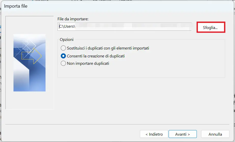 Immagine: Menu “Importa file” su Outlook 365