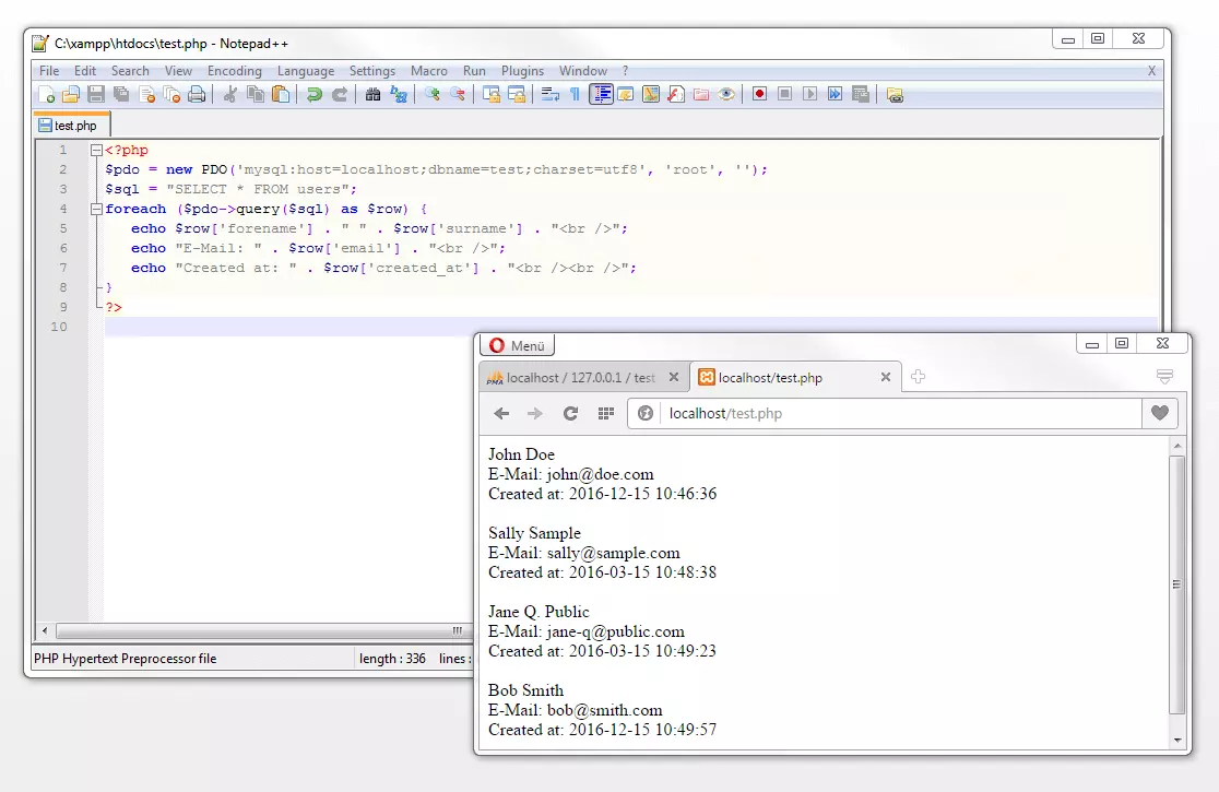 Script PHP con statement SQL comprensivo di segnaposto e riproduzione sul browser tramite localhost