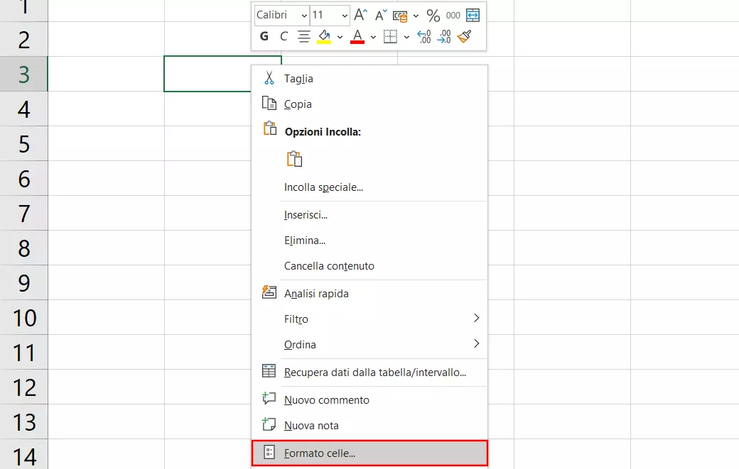 Immagine: Schermata di celle evidenziate e del menu contestuale aperto