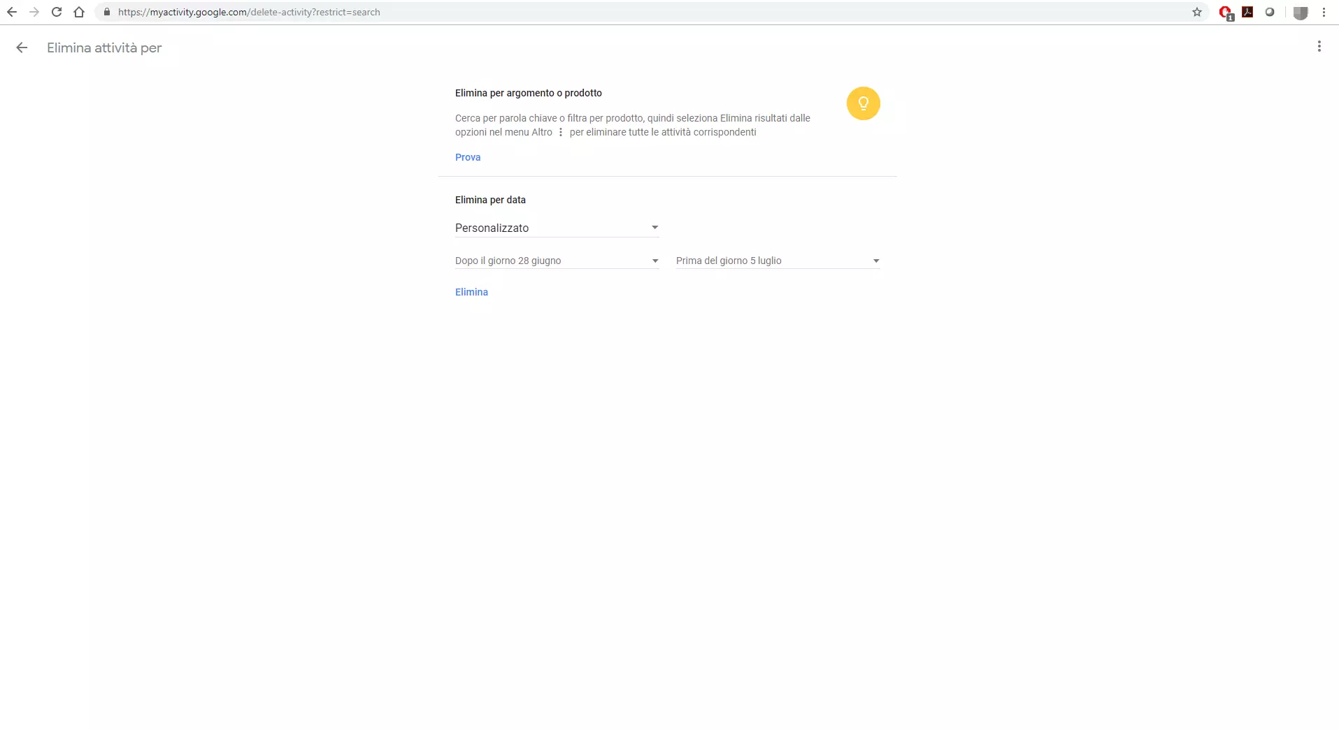 Cronologia delle attività di Google: Elimina le attività per data