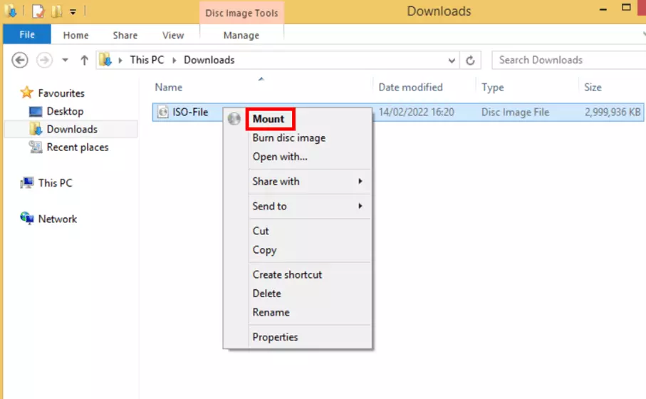 Il comando “Monta” nel menu contestuale del file ISO