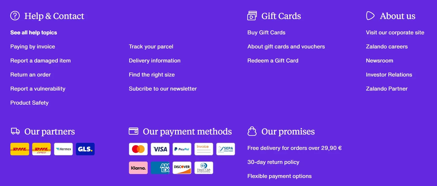 Schermata del footer di Zalando Immagine: Schermata del footer di Zalando