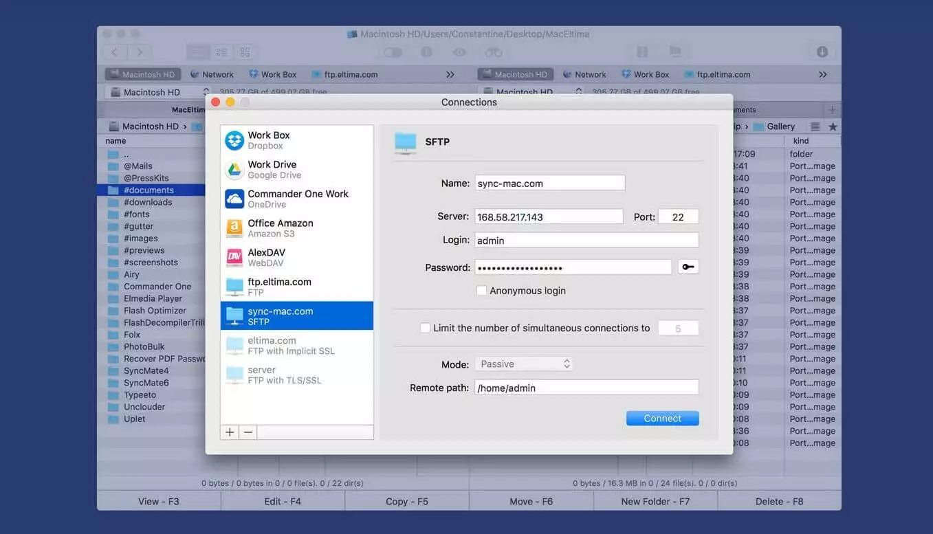 Commander One Pro: menu per stabilire una connessione
