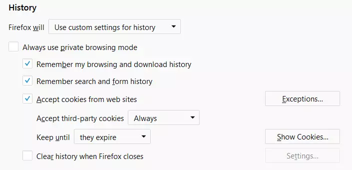 Firefox: cronologia e impostazioni dei cookie