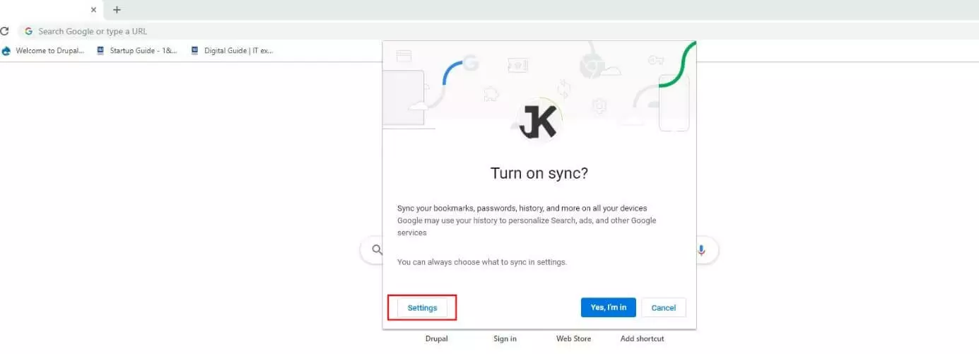 Immagine: Chrome, finestra di dialogo “Attivare la sincronizzazione?”